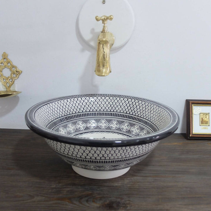 Black & White Ceramic Moroccan Sink - Handpainted