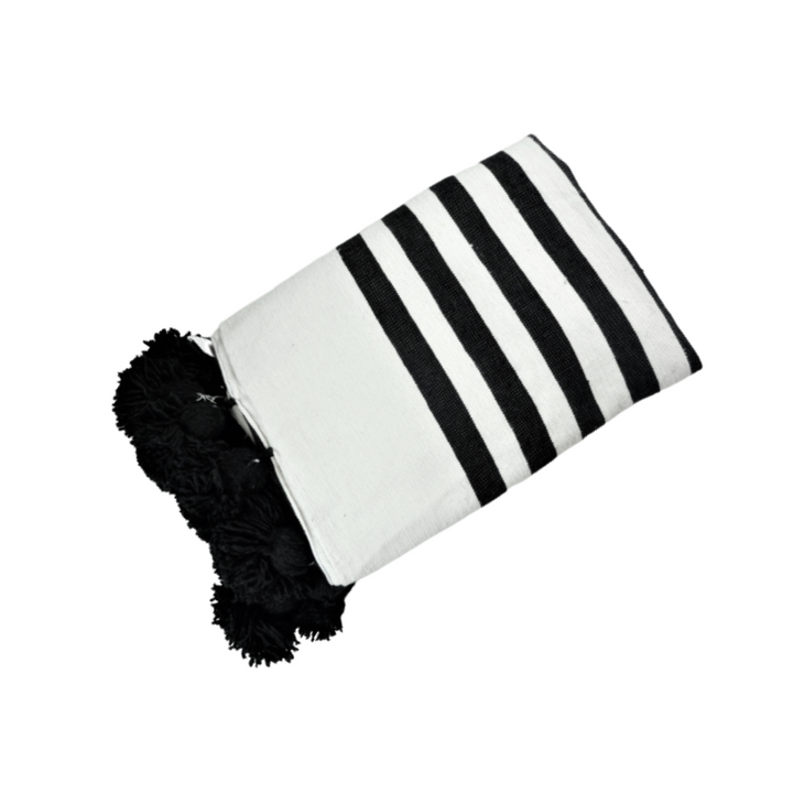 White Moroccan Blanket With Large Black Stripes-Cooperatissage Traditionnel-MyTindy