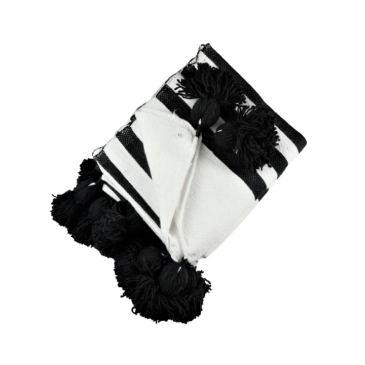 White Moroccan Blanket With Large Black Stripes-Cooperatissage Traditionnel-MyTindy