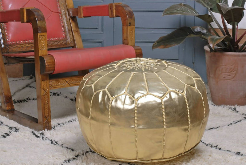 Round Gold Moroccan Pouf ( Faux Leather)-Moroccan Handicraft-MyTindy