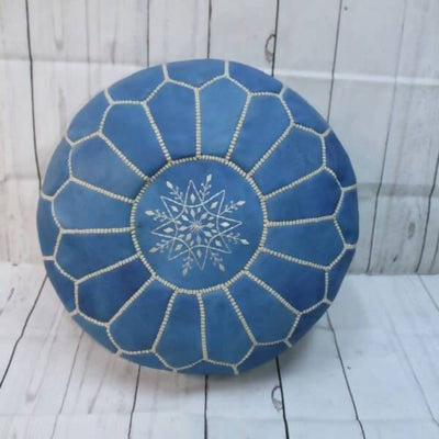 Moroccan Leather Pouf Blue Sky