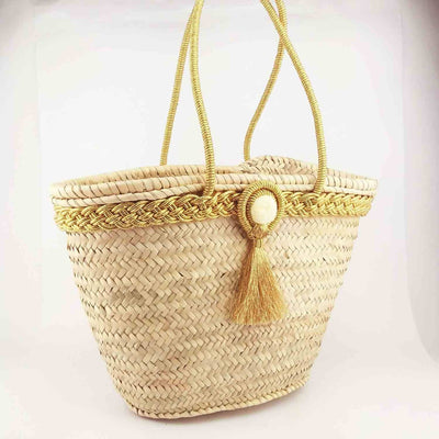 Moroccan Straw Bag Tote Basket with Gold Pompom