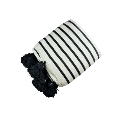 Moroccan White Blanket With Dark Blue Stripes-Cooperatissage Traditionnel-MyTindy