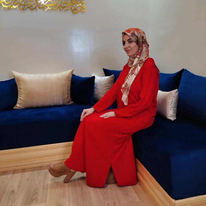 Red Moroccan Djellaba in Crepe Fabric