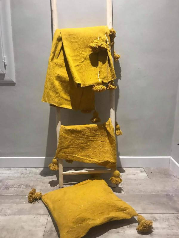 Yellow Cotton Blanket, YELLOW POMPOMS-Bohenate-MyTindy
