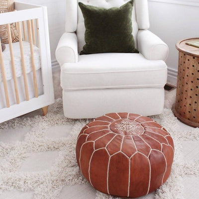 Round Brown Leather Moroccan Pouf-Moroccan Handicraft-MyTindy