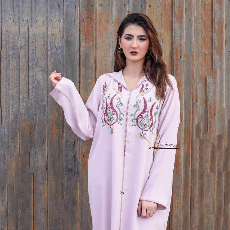Light Pink Embroidered Djellaba-Haute couture by Nadia Bencheqroun-MyTindy