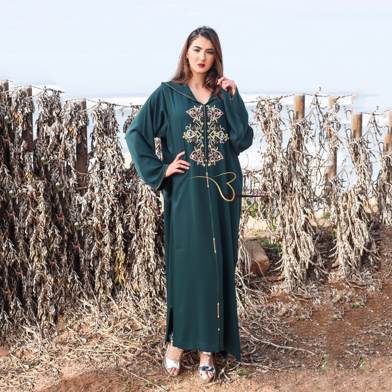 Dark Green Djellaba with Pearls-Haute couture by Nadia Bencheqroun-MyTindy