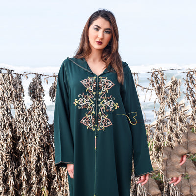 Dark Green Djellaba with Pearls-Haute couture by Nadia Bencheqroun-MyTindy