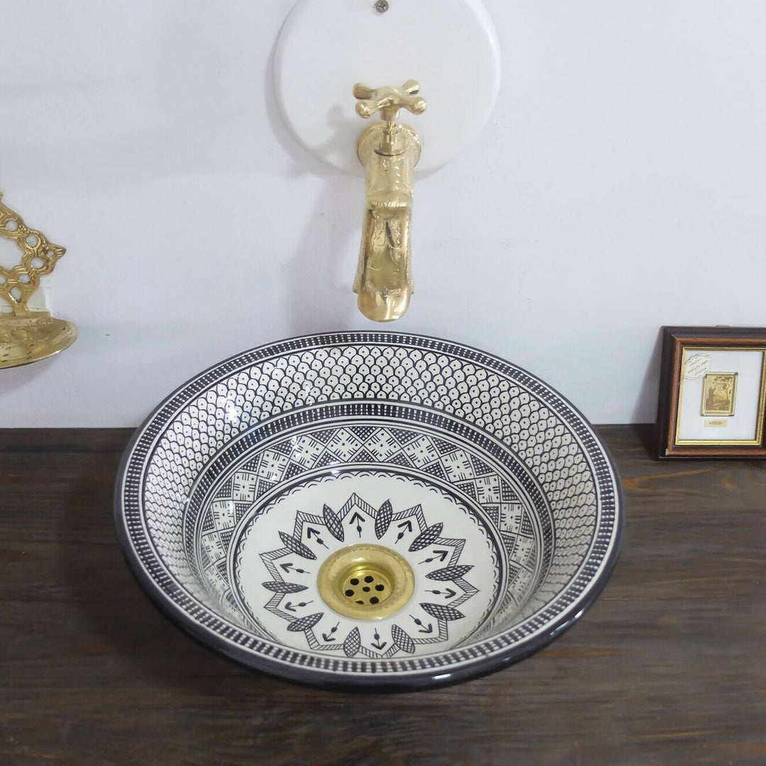 Black & White Ceramic Moroccan Sink - Handpainted