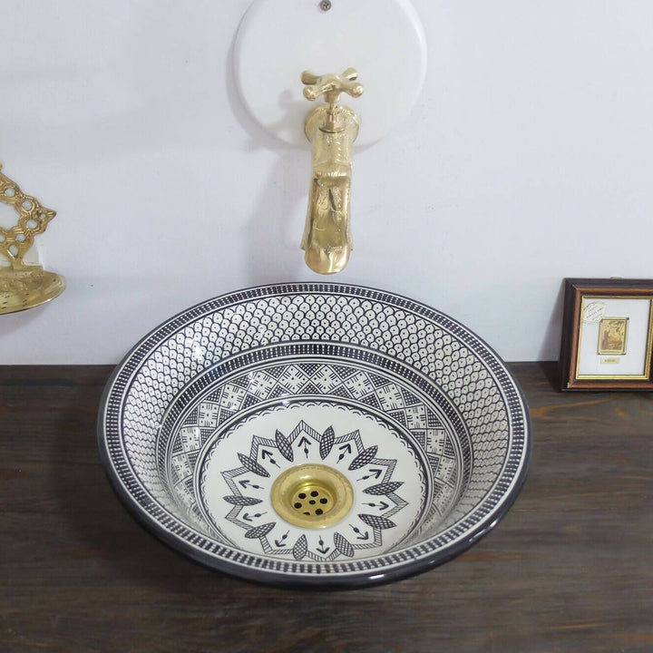 Black & White Ceramic Moroccan Sink - Handpainted