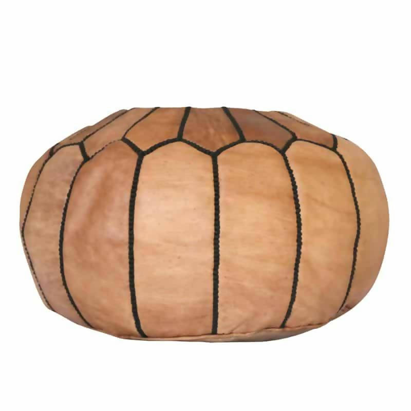 Moroccan leather Pouf , Natural With Black Stitchin