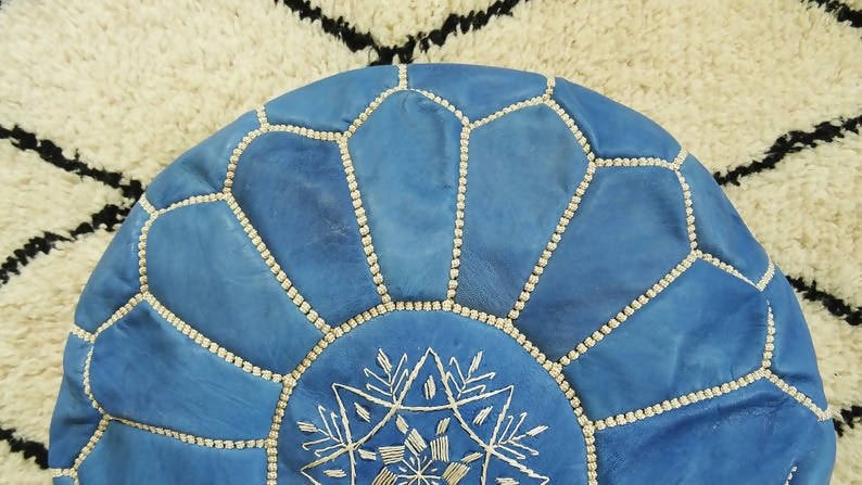 Round Leather Moroccan Pouf , Blue Jean color-Moroccan Handicraft-MyTindy