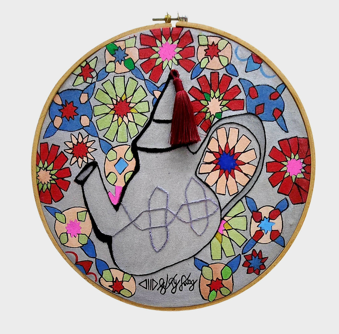 Moroccan Teapot Embroidered & Painted Wall Hoop