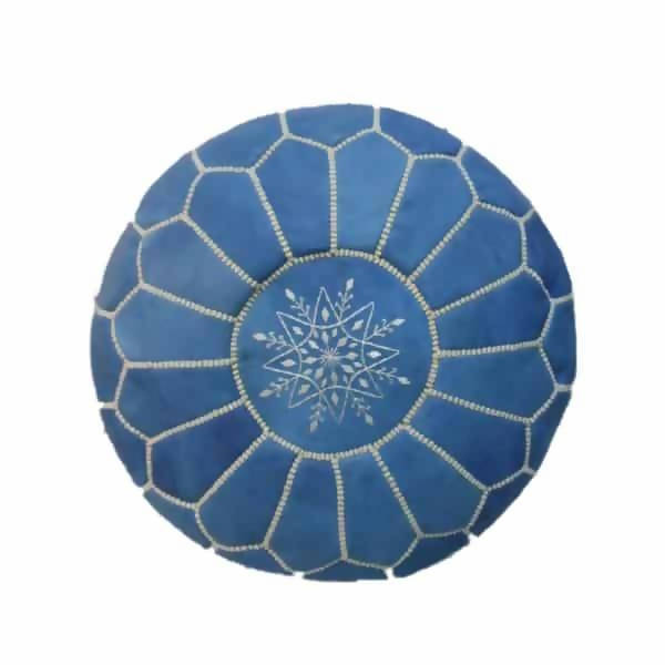 Moroccan Leather Pouf Blue Sky
