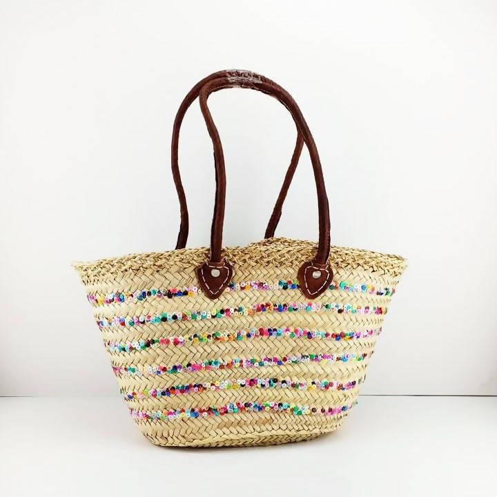 Moroccan Straw Bag Covered With Multicolored Sequins