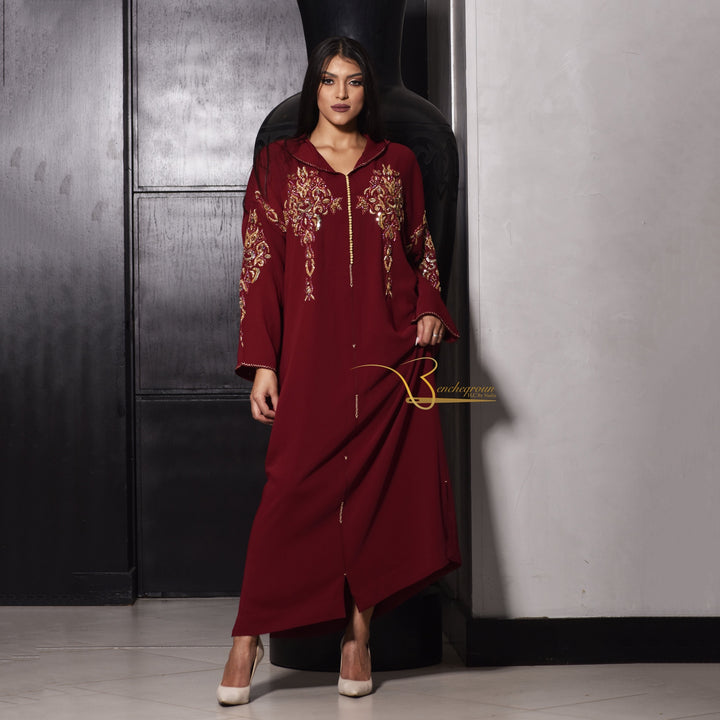 Burgandy and Gold Djellaba with Pearls-Haute couture by Nadia Bencheqroun-MyTindy