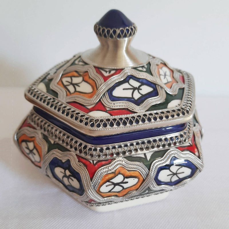 Colorful Moroccan Ceramic Jar with White Metal-Youssef hamlili-MyTindy