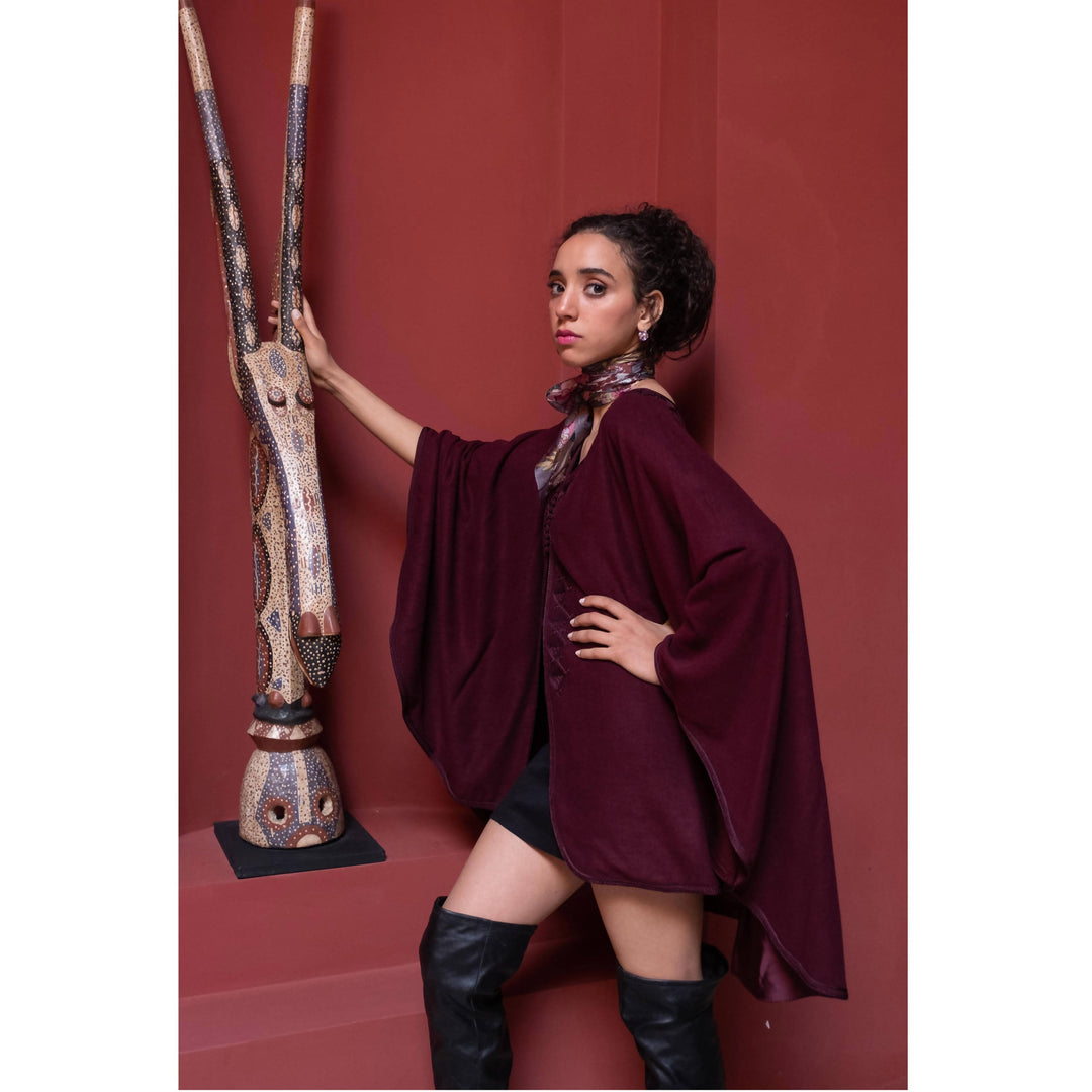 Emroidred wool and cashmere burgundy cape-Maison MFL-MyTindy