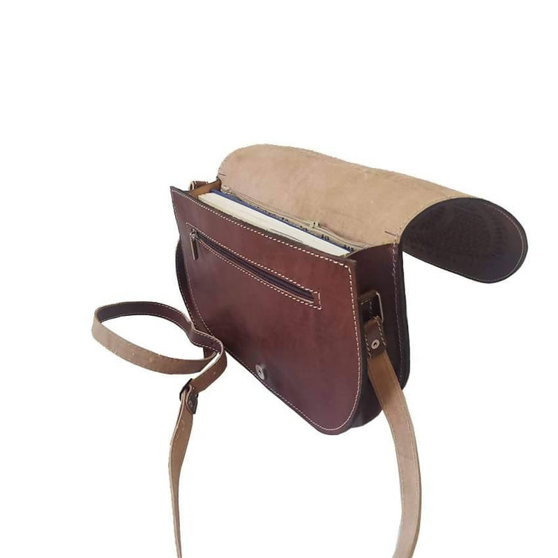 Brown Leather Cross Body Bag with Hamsa Engraving-My Real Leather-MyTindy