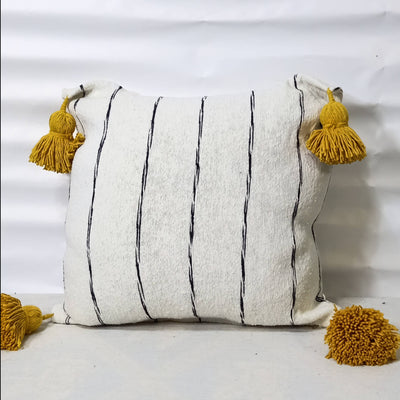 Moroccan Black and White Pillow with Yellow Pompoms-Coopérative Minoual-MyTindy