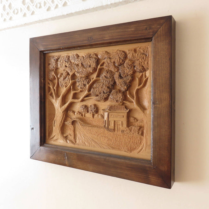 Wood relief carving asian landscape