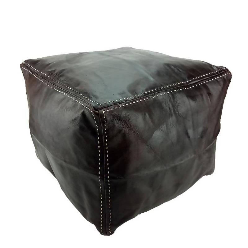 Moroccan Leather Ottoman Square Footstool , Black