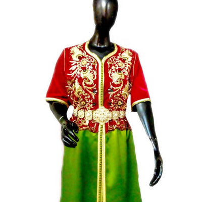 Red & Green Moroccan Kaftan-Dress African Morocco Mode-MyTindy