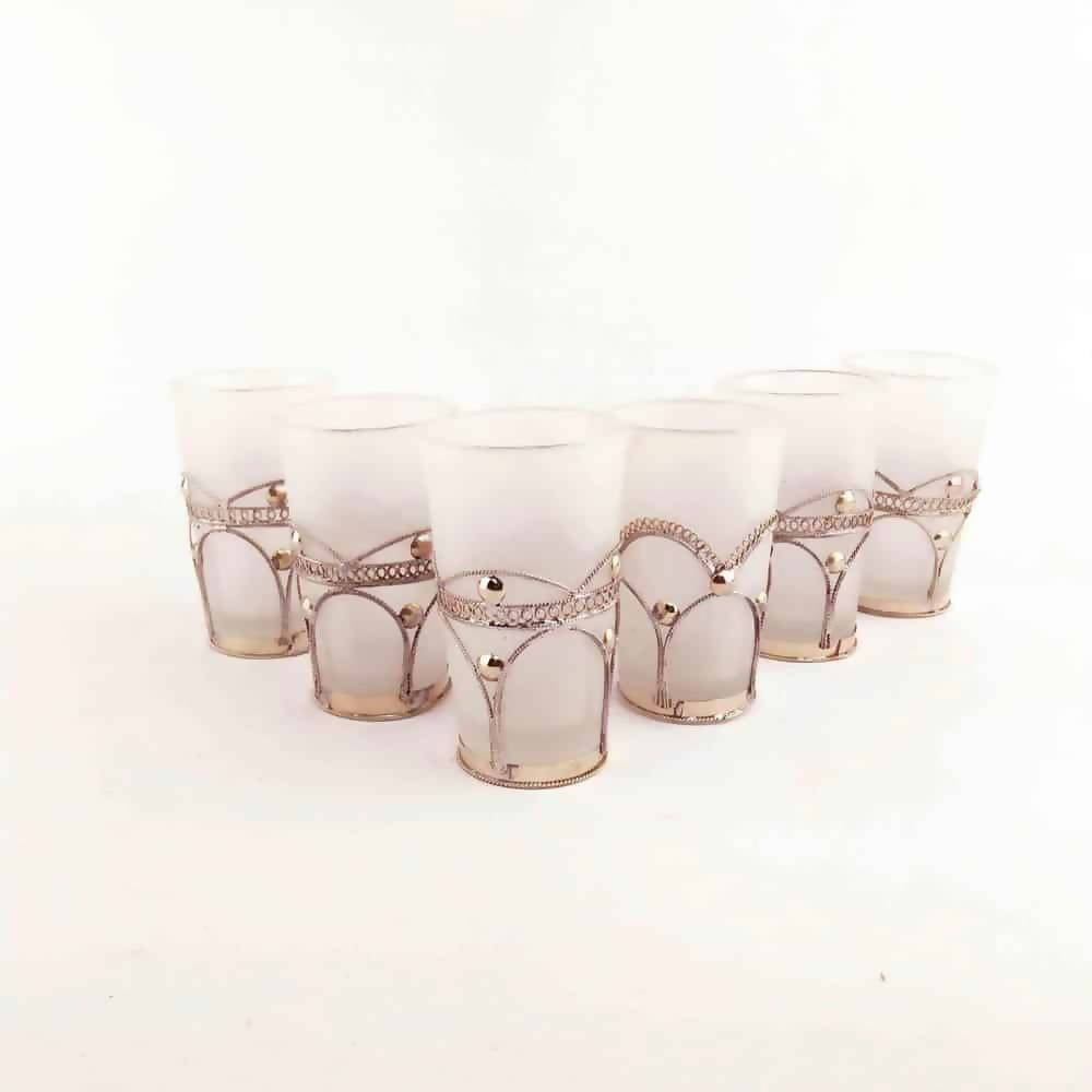 Moroccan Tea Glasses With Metal Holders White﻿, Set Of 6