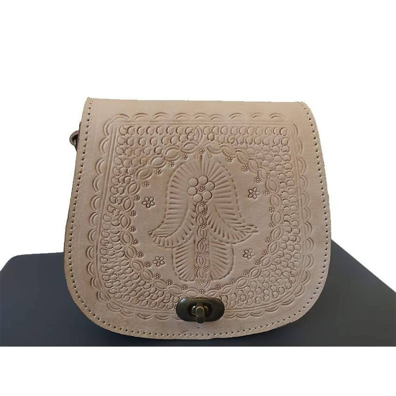 Beige Leather Cross Body Bag with Hamsa Engraving-My Real Leather-MyTindy