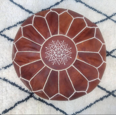 Moroccan Brown Leather Pouf-Moroccan Handicraft-MyTindy