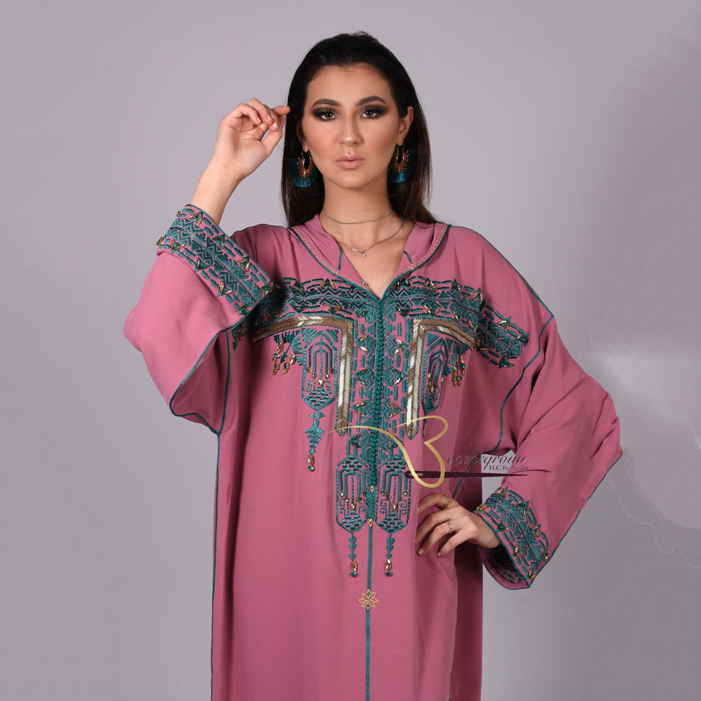 Dark Pink Embroidered Djellaba-Haute couture by Nadia Bencheqroun-MyTindy