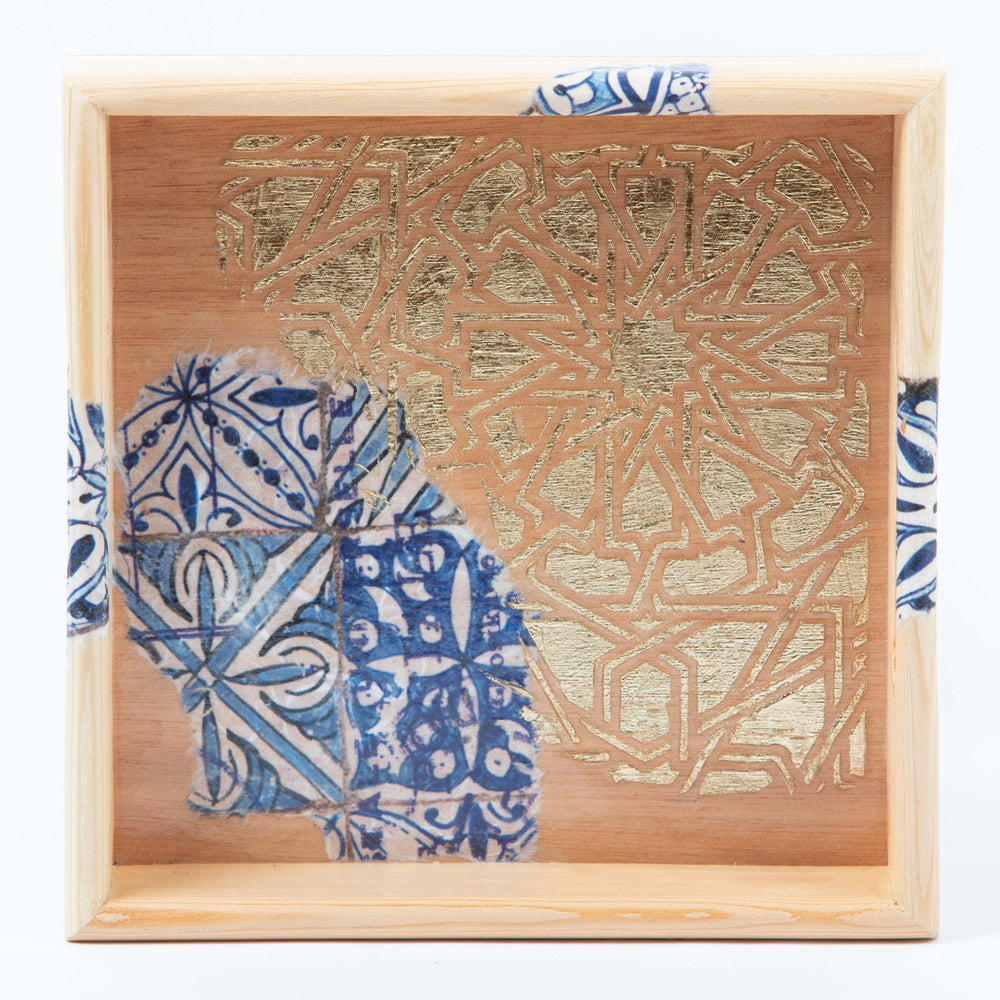 22 cm Wooden Tray with Printed Zelij Fragments-Artizainer-MyTindy