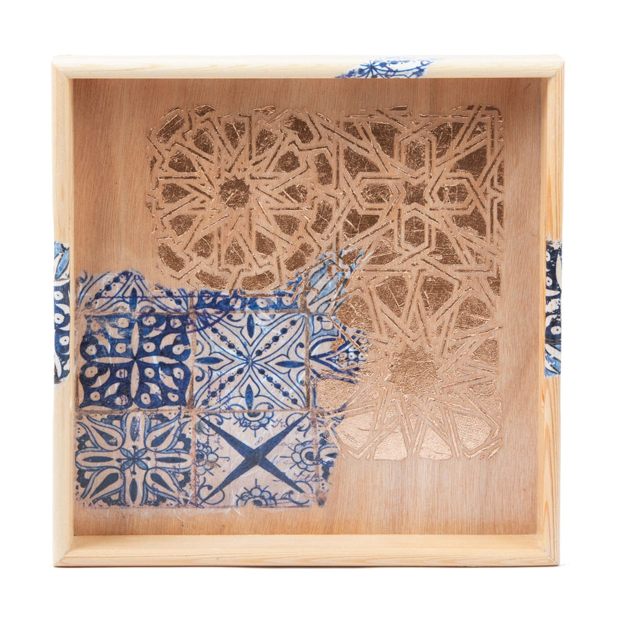 32 cm Wooden Tray with Printed Zelij Fragments-Artizainer-MyTindy