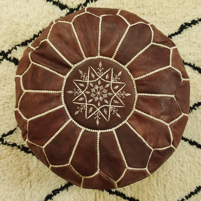Round Leather Moroccan Pouf , Dark Brown Color-Moroccan Handicraft-MyTindy