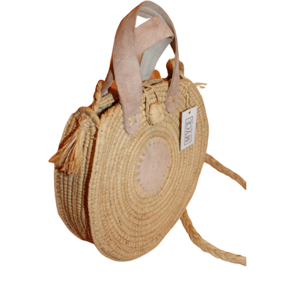 Round Raphia Shoulder Strap Bag with Leather Pattern-MYCE Raphia-MyTindy