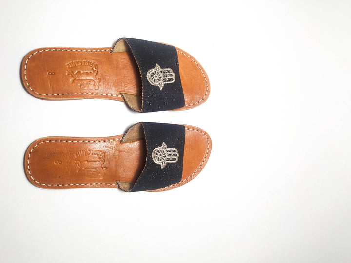 Real Leather Black Sandals with Hamsa Embroidered-My Real Leather-MyTindy