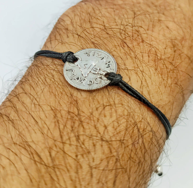 Tiznit - Silver Coin Bracelet with Black Cord-NK-Bijouterie-MyTindy