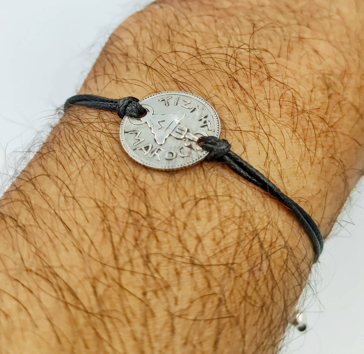 Tiznit - Bracelet pièce en argent avec cordon noir