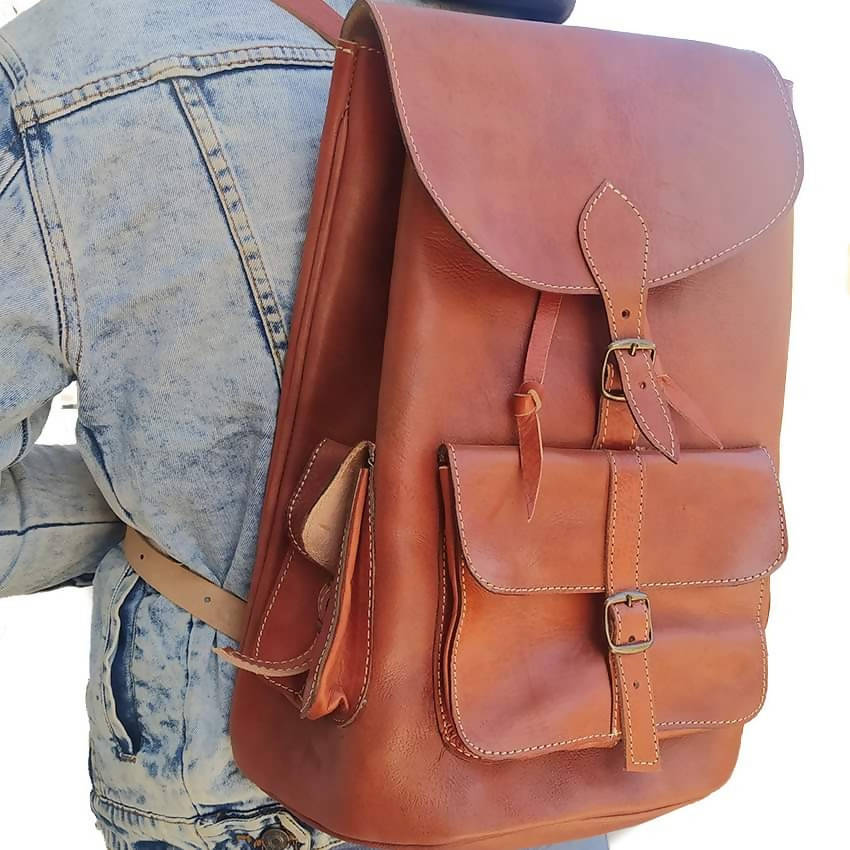 camel leather school backpack Camel Leather Backpack – MyTindy