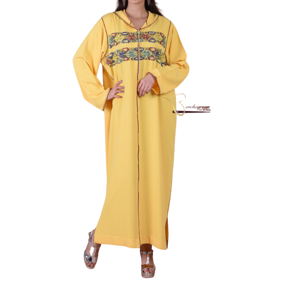 Yellow Djellaba with Pearls-Haute couture by Nadia Bencheqroun-MyTindy