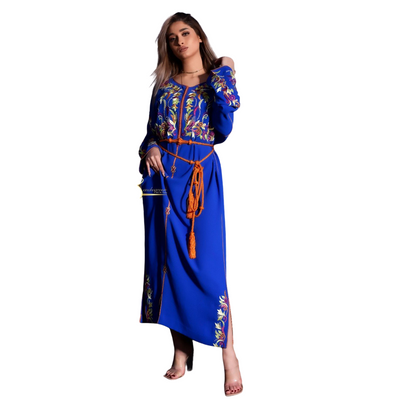 Blue and Orange Embroidered Kaftan-Haute couture by Nadia Bencheqroun-MyTindy