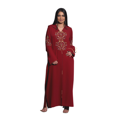 Deep Red Djellaba with Pearls-Haute couture by Nadia Bencheqroun-MyTindy