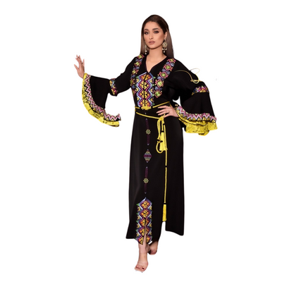 Black and Yellow Embroidered Kaftan-Haute couture by Nadia Bencheqroun-MyTindy