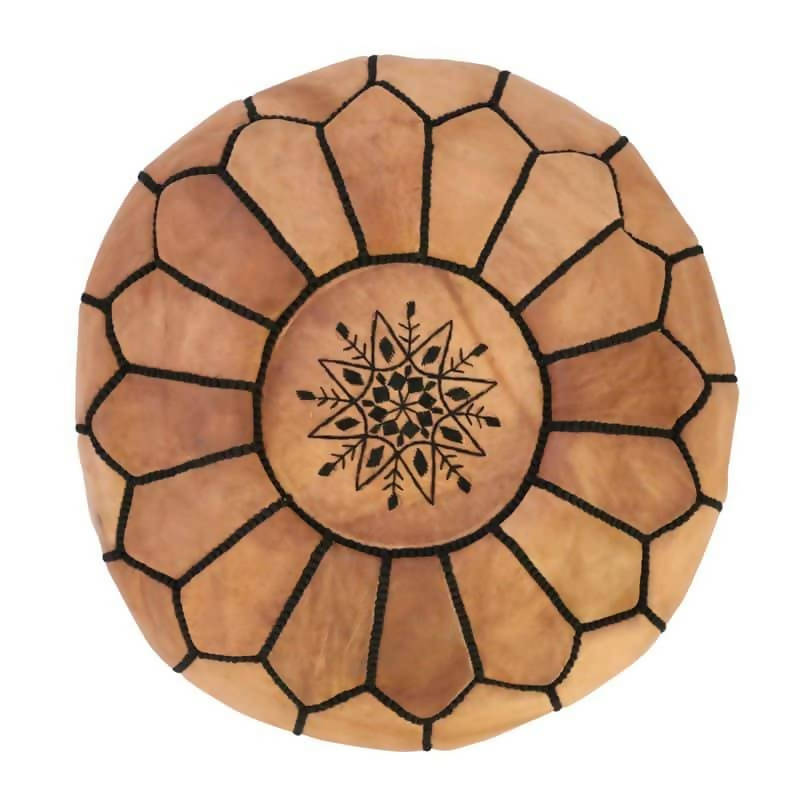 Moroccan leather Pouf , Natural With Black Stitchin