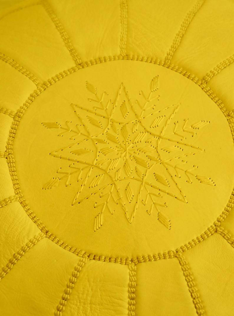 Round Leather Moroccan Pouf , Yellow Color-Moroccan Handicraft-MyTindy
