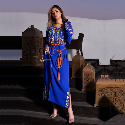 Blue and Orange Embroidered Kaftan-Haute couture by Nadia Bencheqroun-MyTindy