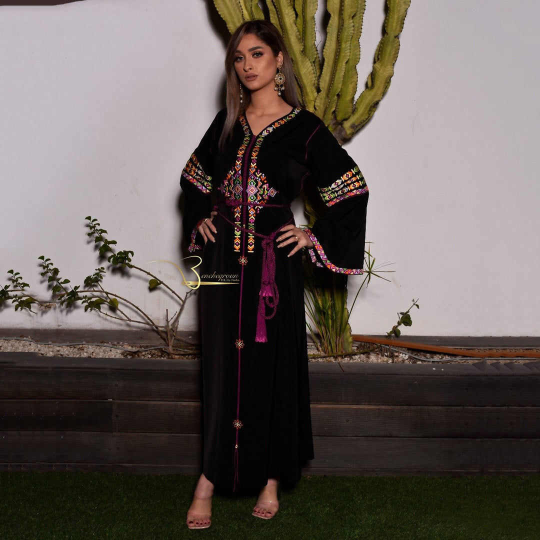 Black and Purple Embroidered Kaftan-Haute couture by Nadia Bencheqroun-MyTindy