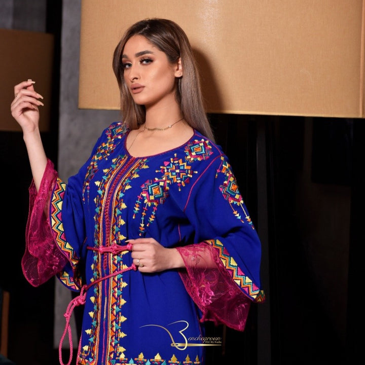 Pink and Blue Embroidered Kaftan-Haute couture by Nadia Bencheqroun-MyTindy