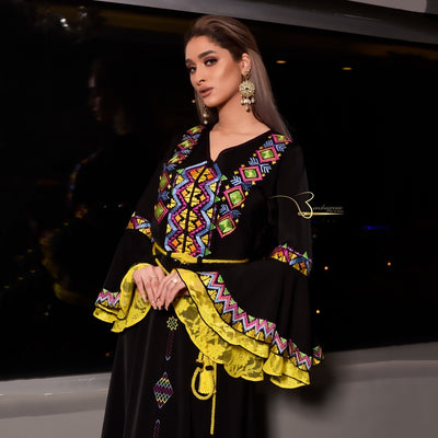 Black and Yellow Embroidered Kaftan-Haute couture by Nadia Bencheqroun-MyTindy
